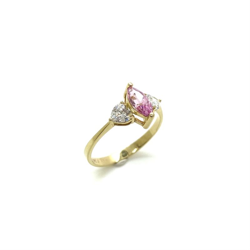 Gouden ring met drie prachtig roze en witte zirkonia stenen.