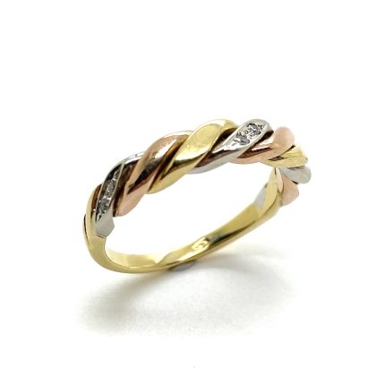Tricolor gouden vintage ring gezet met diamanten.